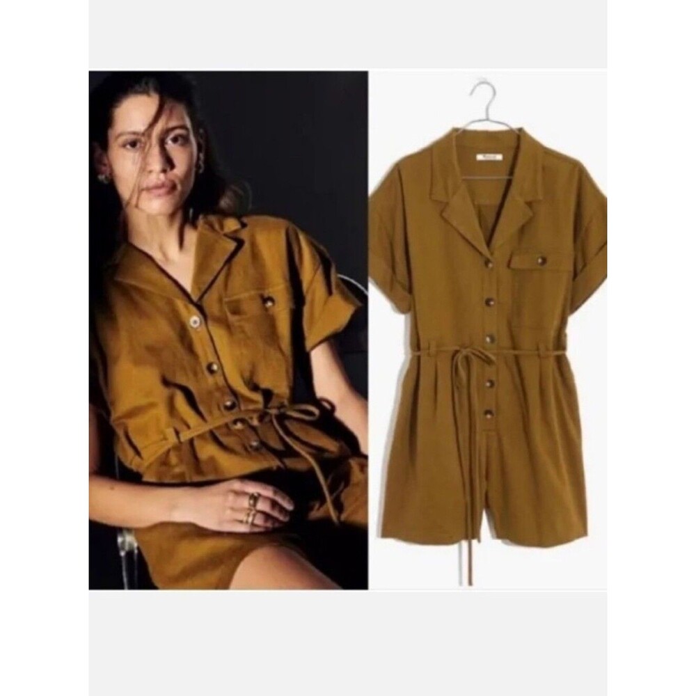 Madewell Belted Safari Romper Utility Button-Front Short Sleeve Olive Green XS